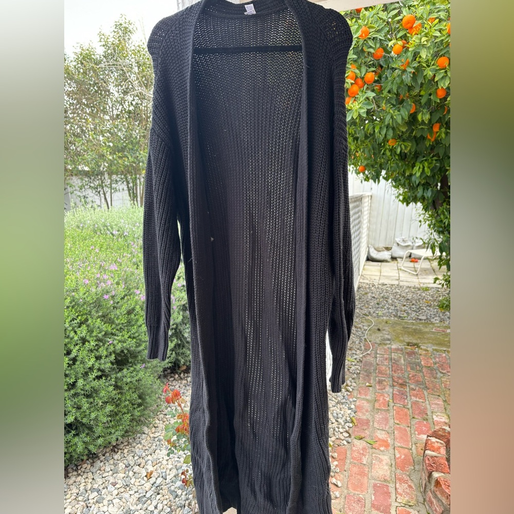 Long black American apparel sweater jacket with tie around size med/large